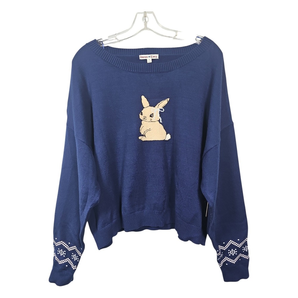 Sweet Envy Bunny Graphic NWT Knit Sweater Navy Blue Coquette Women XL
